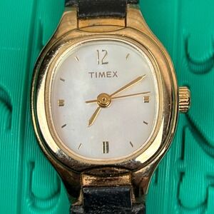 Timex Gold Tone Rectangular Face Black Leather Band Womens Watch